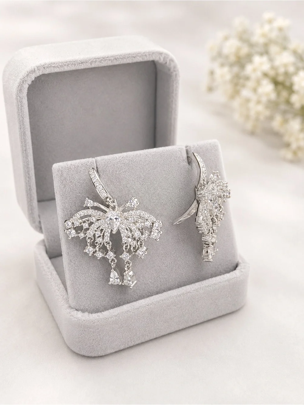 Silver Tone Butterfly CZ Dangle Earrings | Elegant Statement Earrings